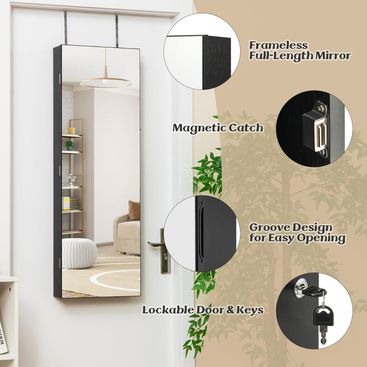 Wall Mounted Jewelry Cabinet with Full-Length Mirror-Black-Jewelry Armoires-DECOROLALA