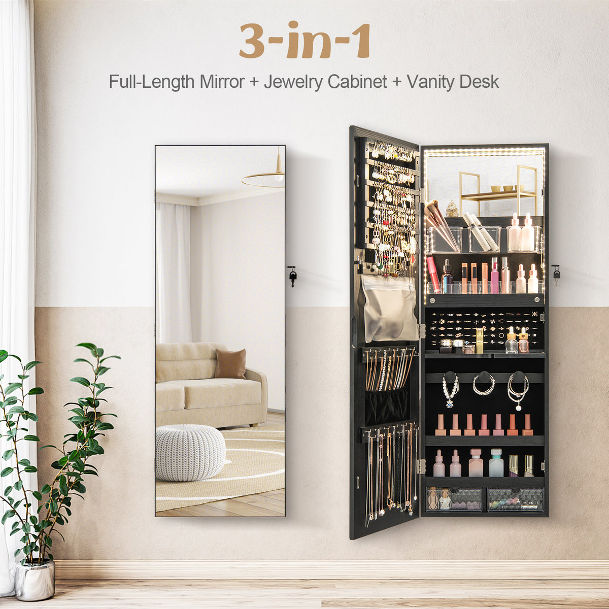 Wall Mounted Jewelry Cabinet with Full-Length Mirror-Black-Jewelry Armoires-DECOROLALA