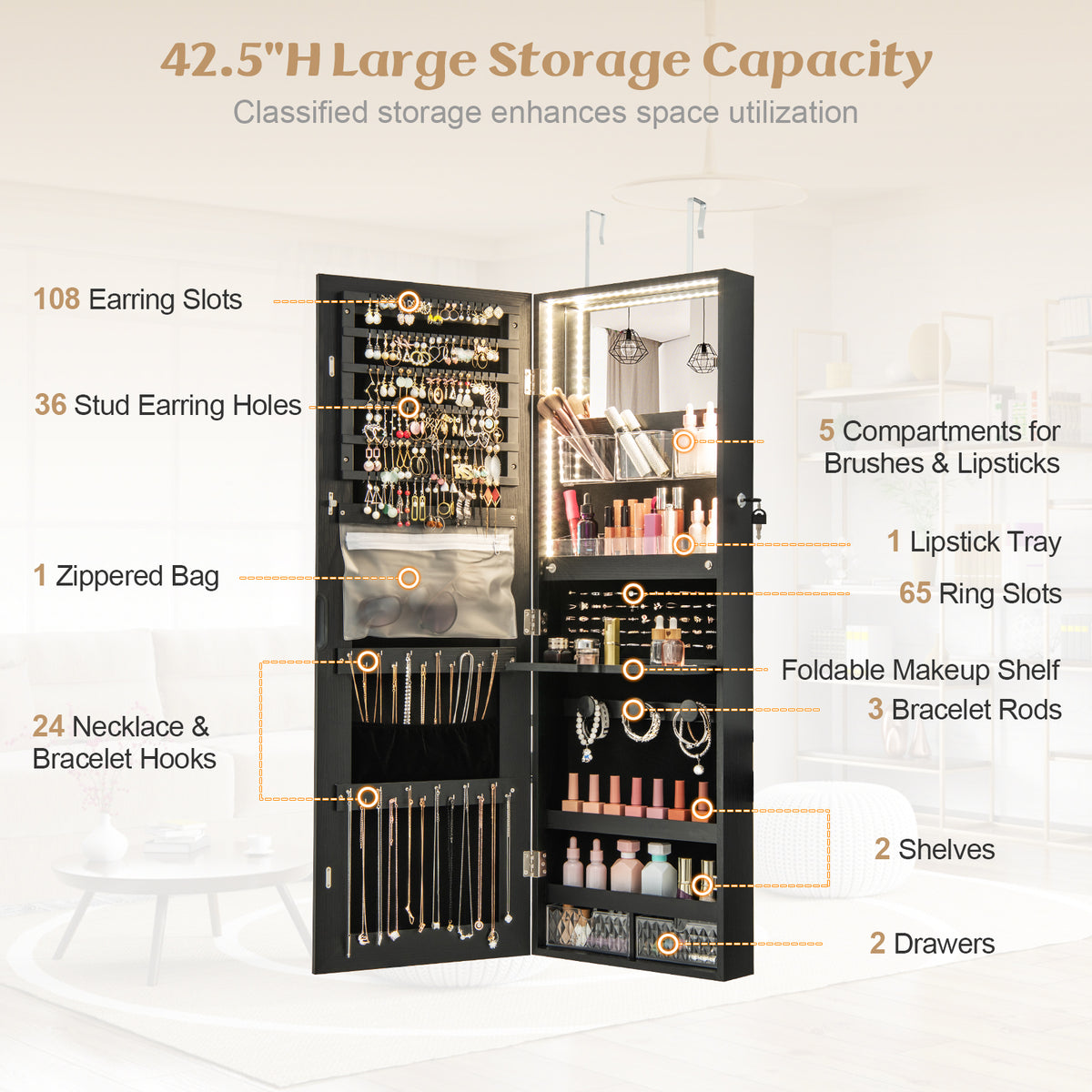 Wall Mounted Jewelry Cabinet with Full-Length Mirror-Black-Jewelry Armoires-DECOROLALA