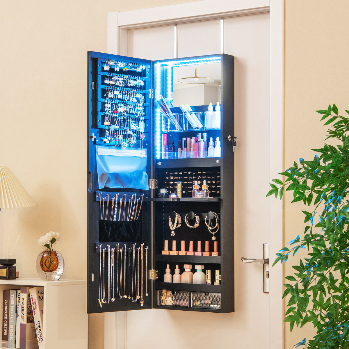 Wall Mounted Jewelry Cabinet with Full-Length Mirror-Black-Jewelry Armoires-DECOROLALA