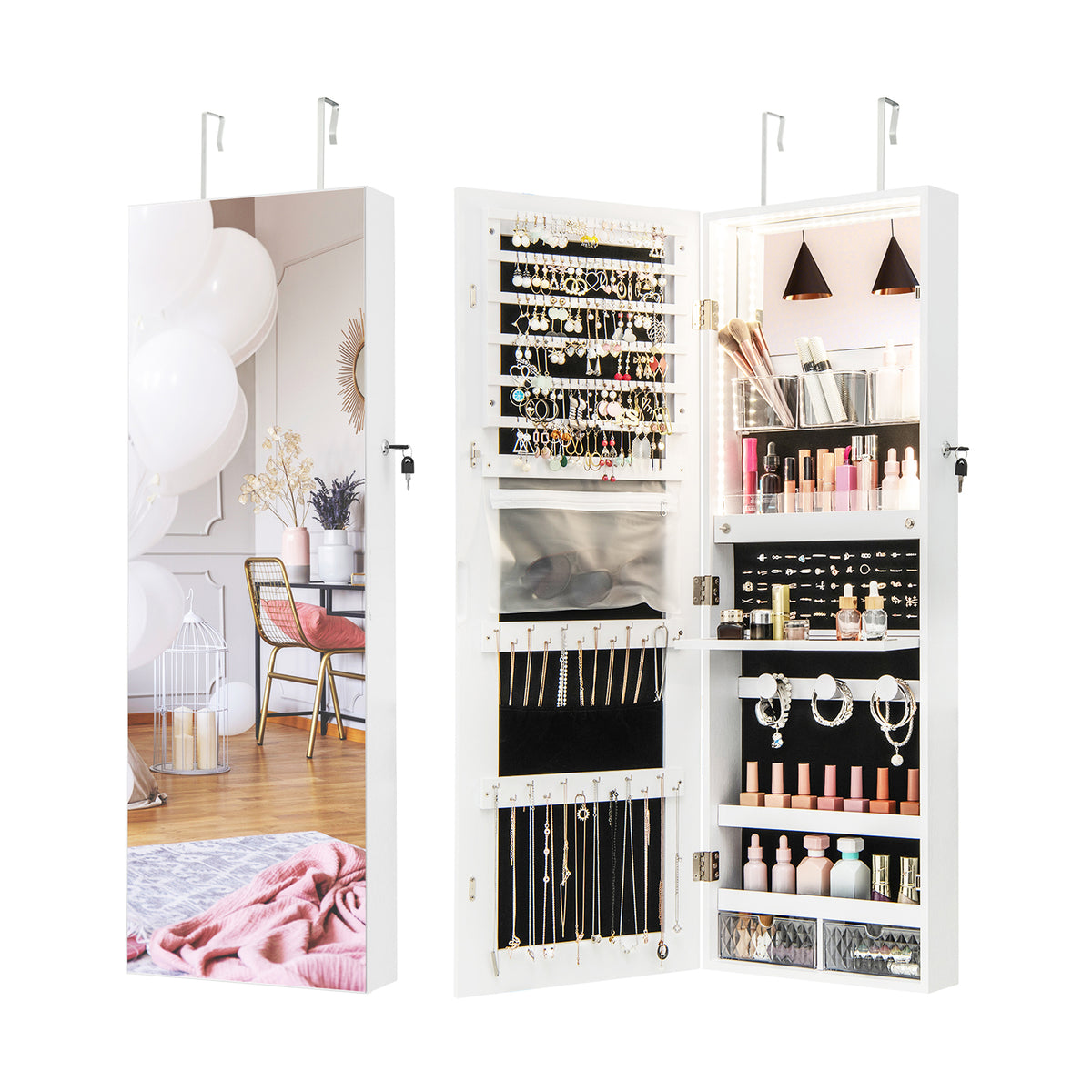 Wall Mounted Jewelry Cabinet with Full-Length Mirror-White-Jewelry Armoires-DECOROLALA