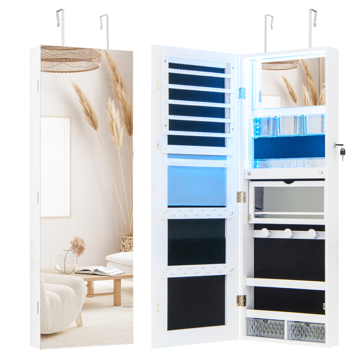 Wall Mounted Jewelry Cabinet with Full-Length Mirror-White-Jewelry Armoires-DECOROLALA