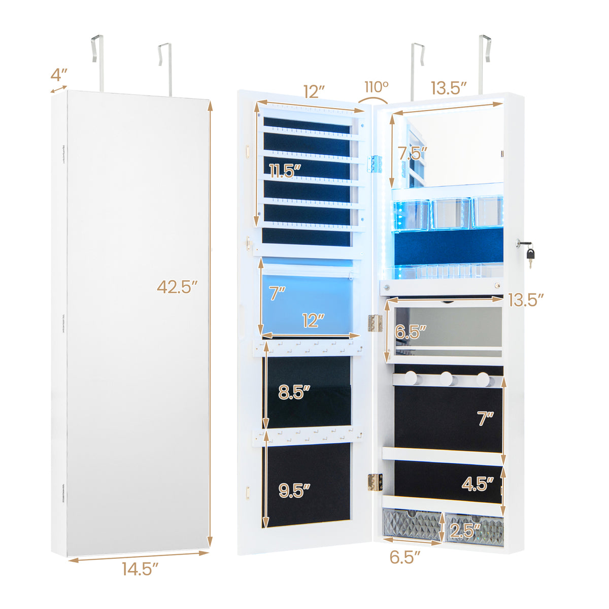 Wall Mounted Jewelry Cabinet with Full-Length Mirror-White-Jewelry Armoires-DECOROLALA