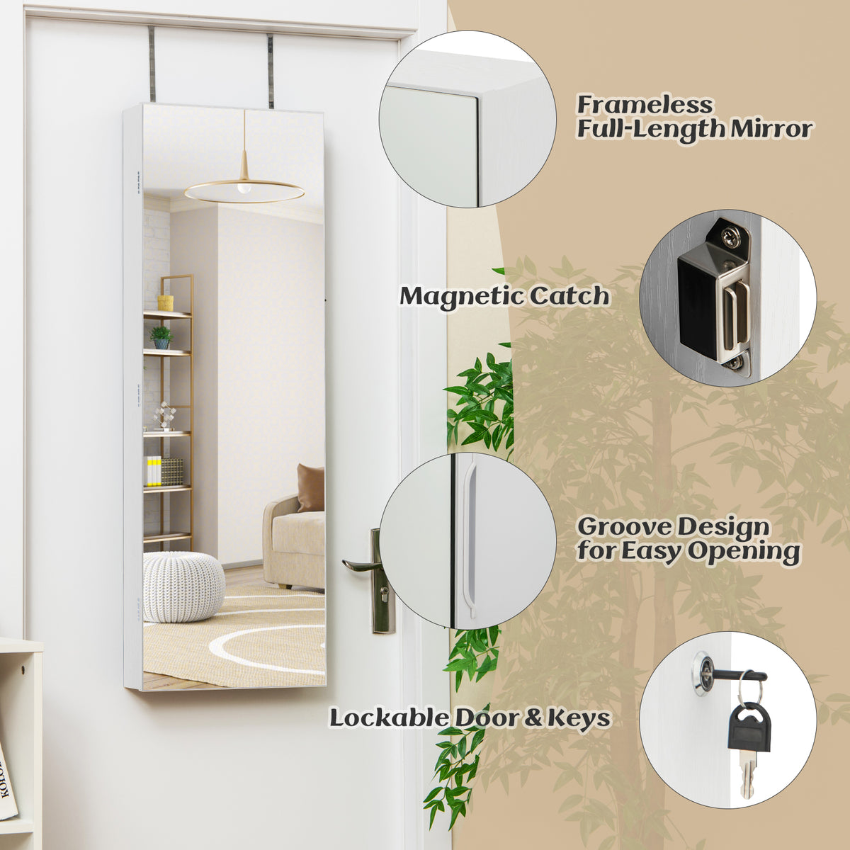 Wall Mounted Jewelry Cabinet with Full-Length Mirror-White-Jewelry Armoires-DECOROLALA