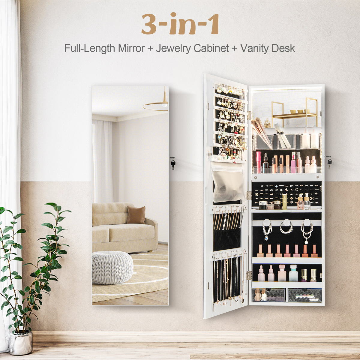 Wall Mounted Jewelry Cabinet with Full-Length Mirror-White-Jewelry Armoires-DECOROLALA