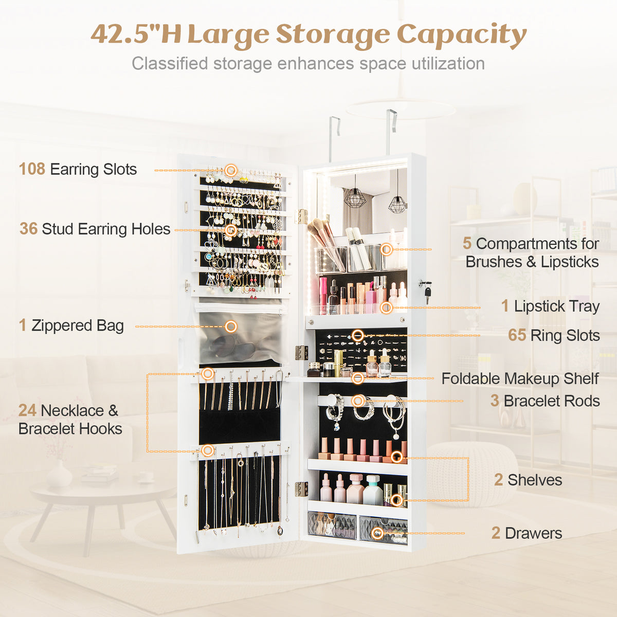 Wall Mounted Jewelry Cabinet with Full-Length Mirror-White-Jewelry Armoires-DECOROLALA