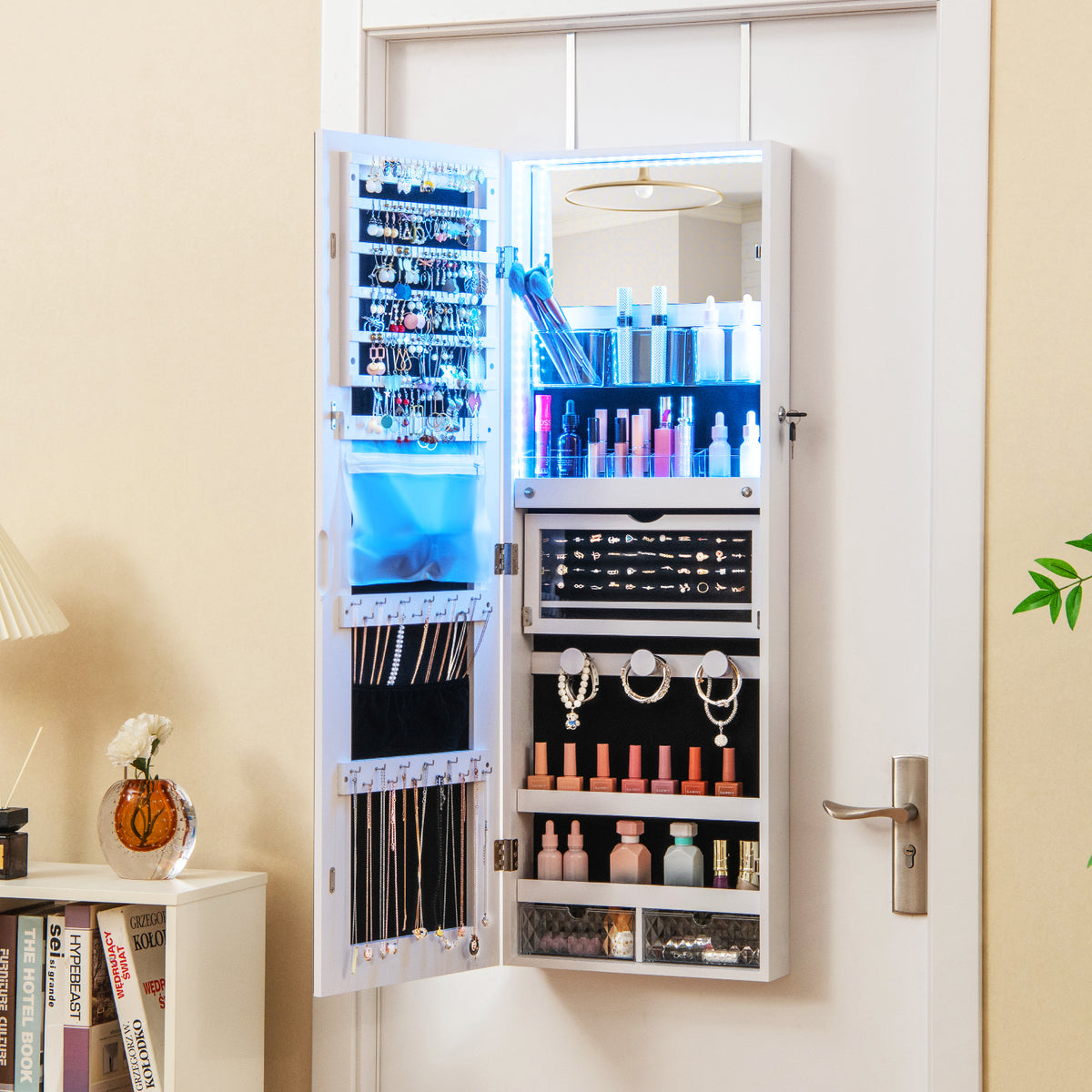 Wall Mounted Jewelry Cabinet with Full-Length Mirror-White-Jewelry Armoires-DECOROLALA