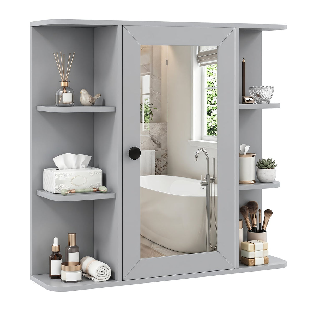 Wall Mounted Mirror Medicine Cabinet with 9 Shelves - Gray-Wall Cabinets-DECOROLALA