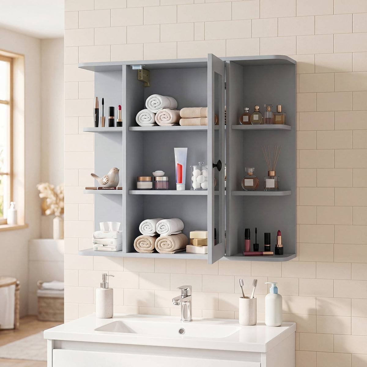 Wall Mounted Mirror Medicine Cabinet with 9 Shelves - Gray-Wall Cabinets-DECOROLALA