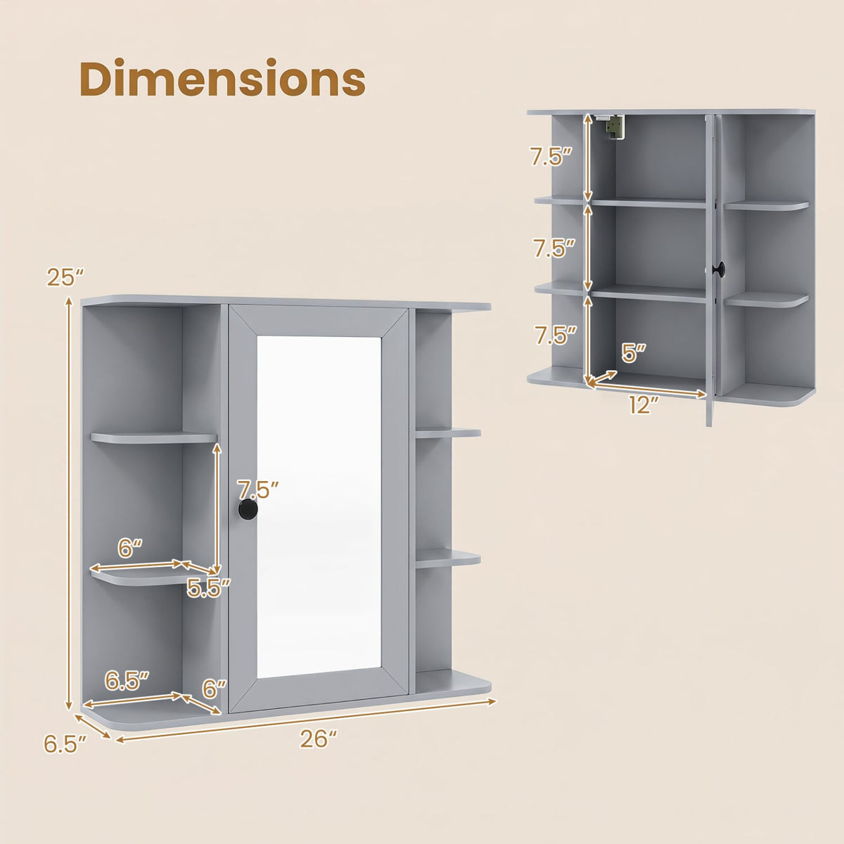 Wall Mounted Mirror Medicine Cabinet with 9 Shelves - Gray-Wall Cabinets-DECOROLALA