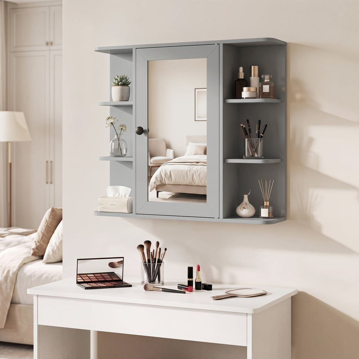 Wall Mounted Mirror Medicine Cabinet with 9 Shelves - Gray-Wall Cabinets-DECOROLALA
