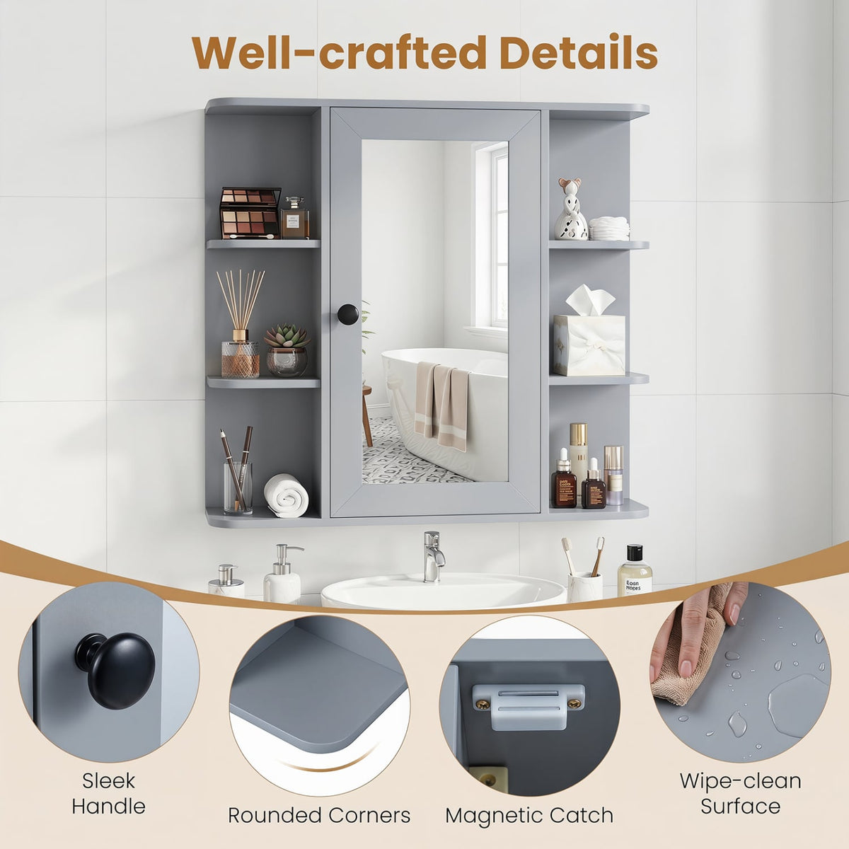 Wall Mounted Mirror Medicine Cabinet with 9 Shelves - Gray-Wall Cabinets-DECOROLALA