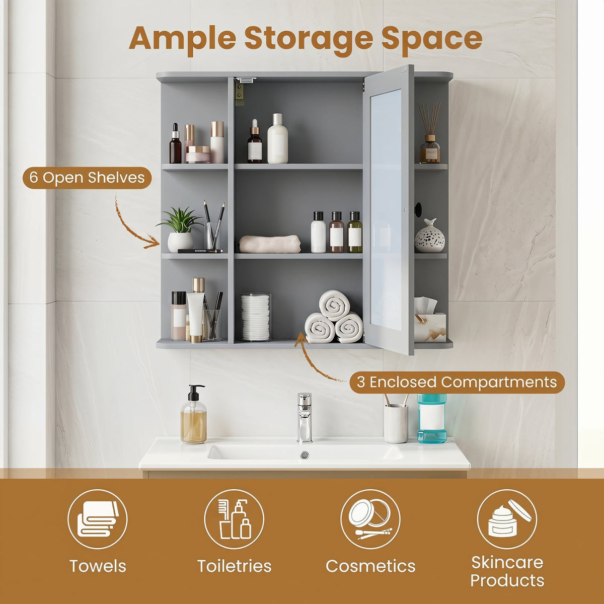 Wall Mounted Mirror Medicine Cabinet with 9 Shelves - Gray-Wall Cabinets-DECOROLALA