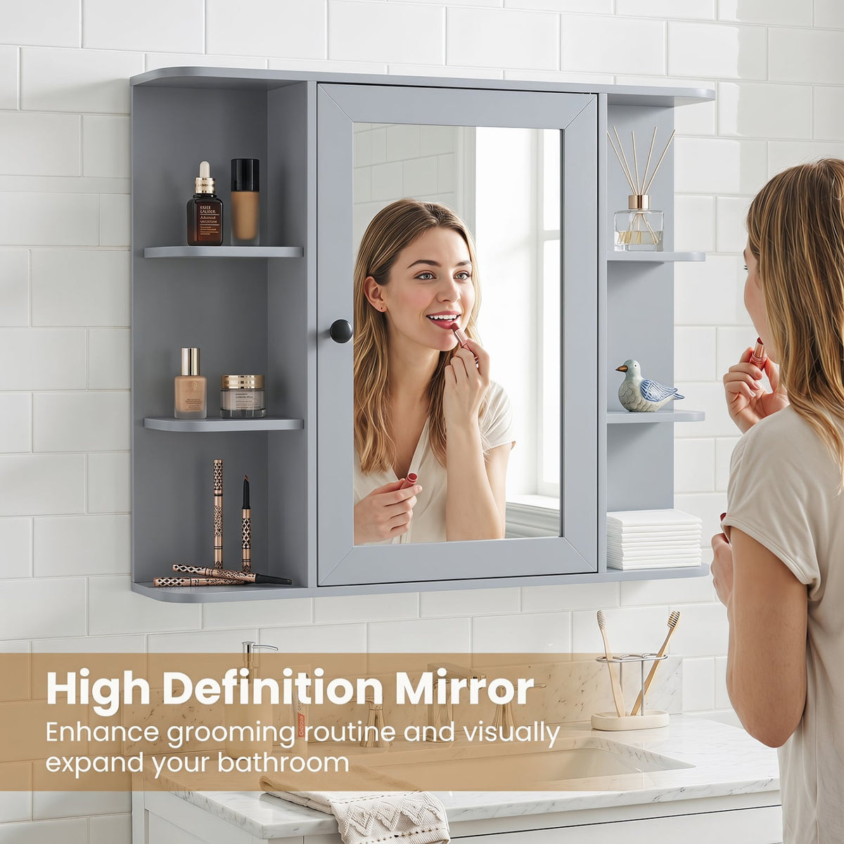 Wall Mounted Mirror Medicine Cabinet with 9 Shelves - Gray-Wall Cabinets-DECOROLALA
