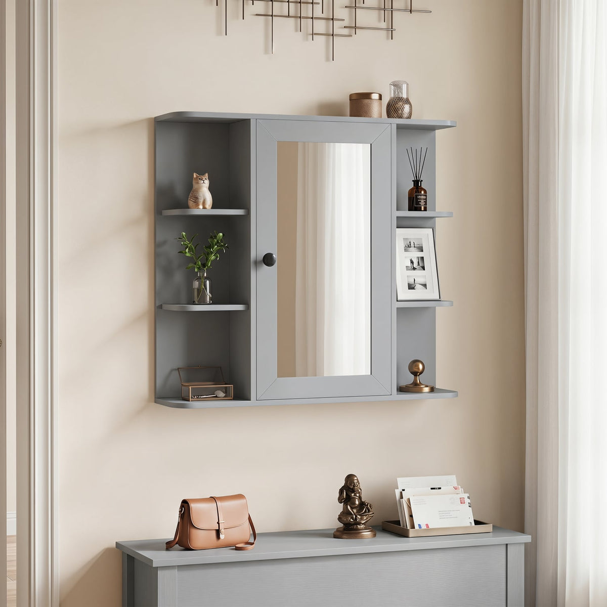 Wall Mounted Mirror Medicine Cabinet with 9 Shelves - Gray-Wall Cabinets-DECOROLALA