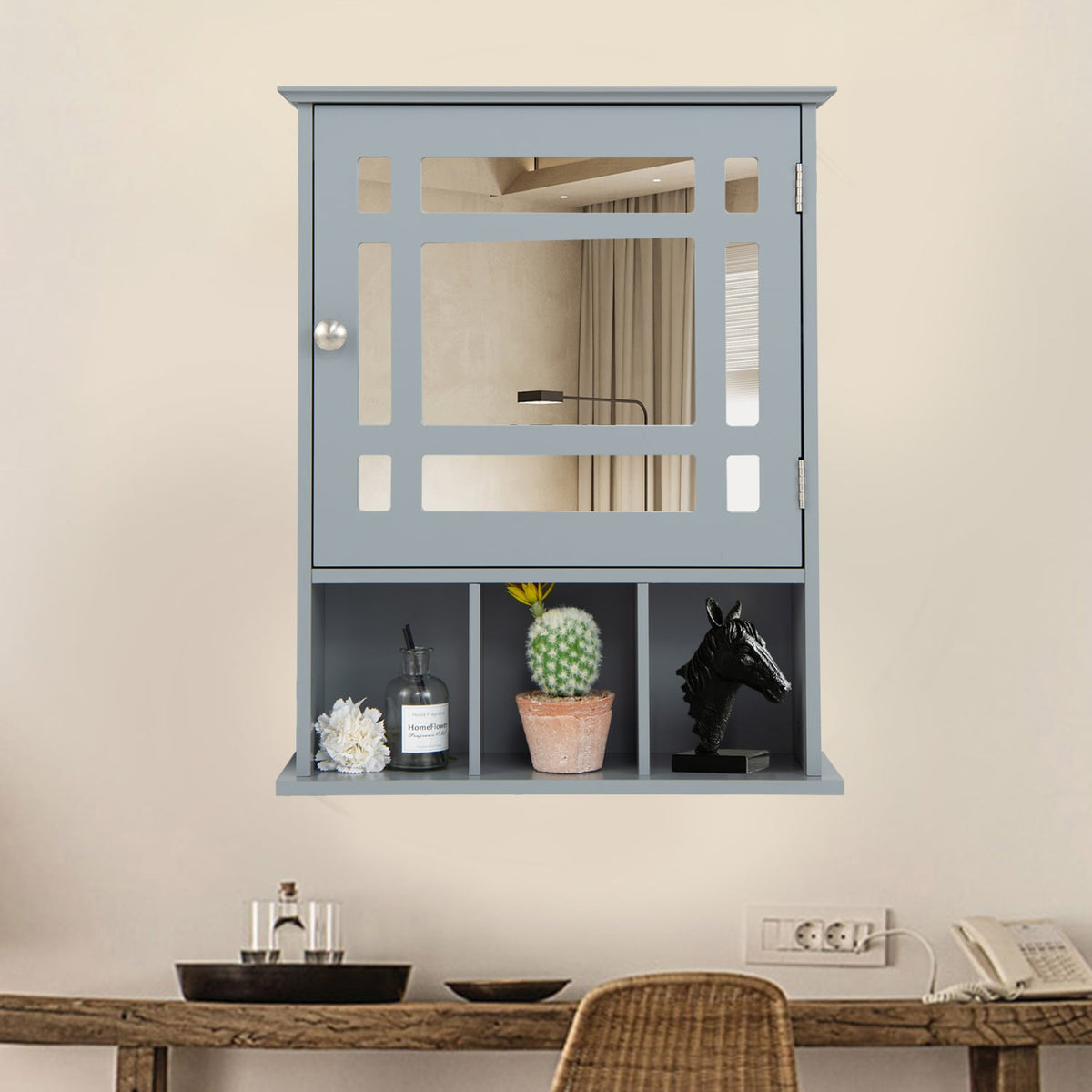 Wall Mounted Mirrored Bathroom Cabinet - Gray MDF 19" x 23.5"-Wall Cabinets-DECOROLALA