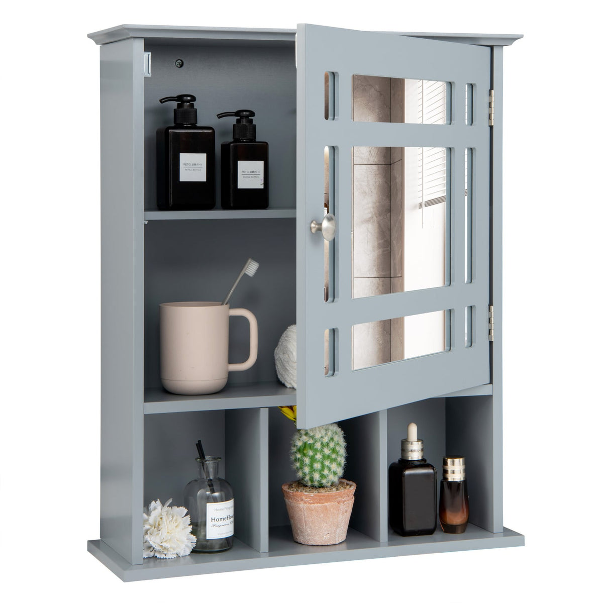 Wall Mounted Mirrored Bathroom Cabinet - Gray MDF 19" x 23.5"-Wall Cabinets-DECOROLALA