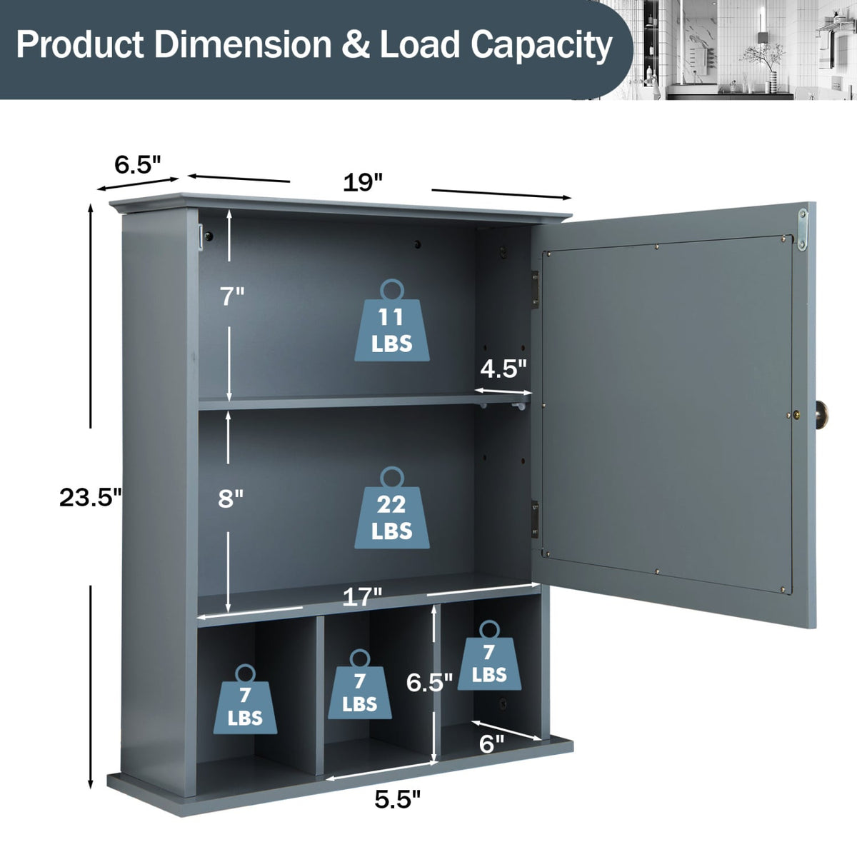 Wall Mounted Mirrored Bathroom Cabinet - Gray MDF 19" x 23.5"-Wall Cabinets-DECOROLALA