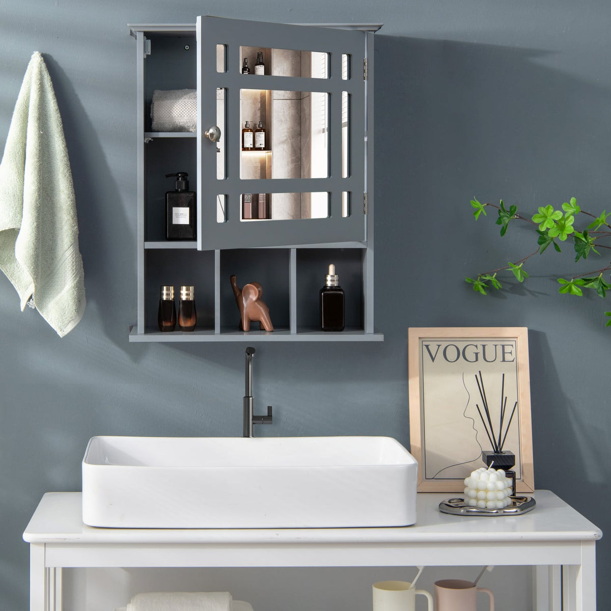 Wall Mounted Mirrored Bathroom Cabinet - Gray MDF 19" x 23.5"-Wall Cabinets-DECOROLALA