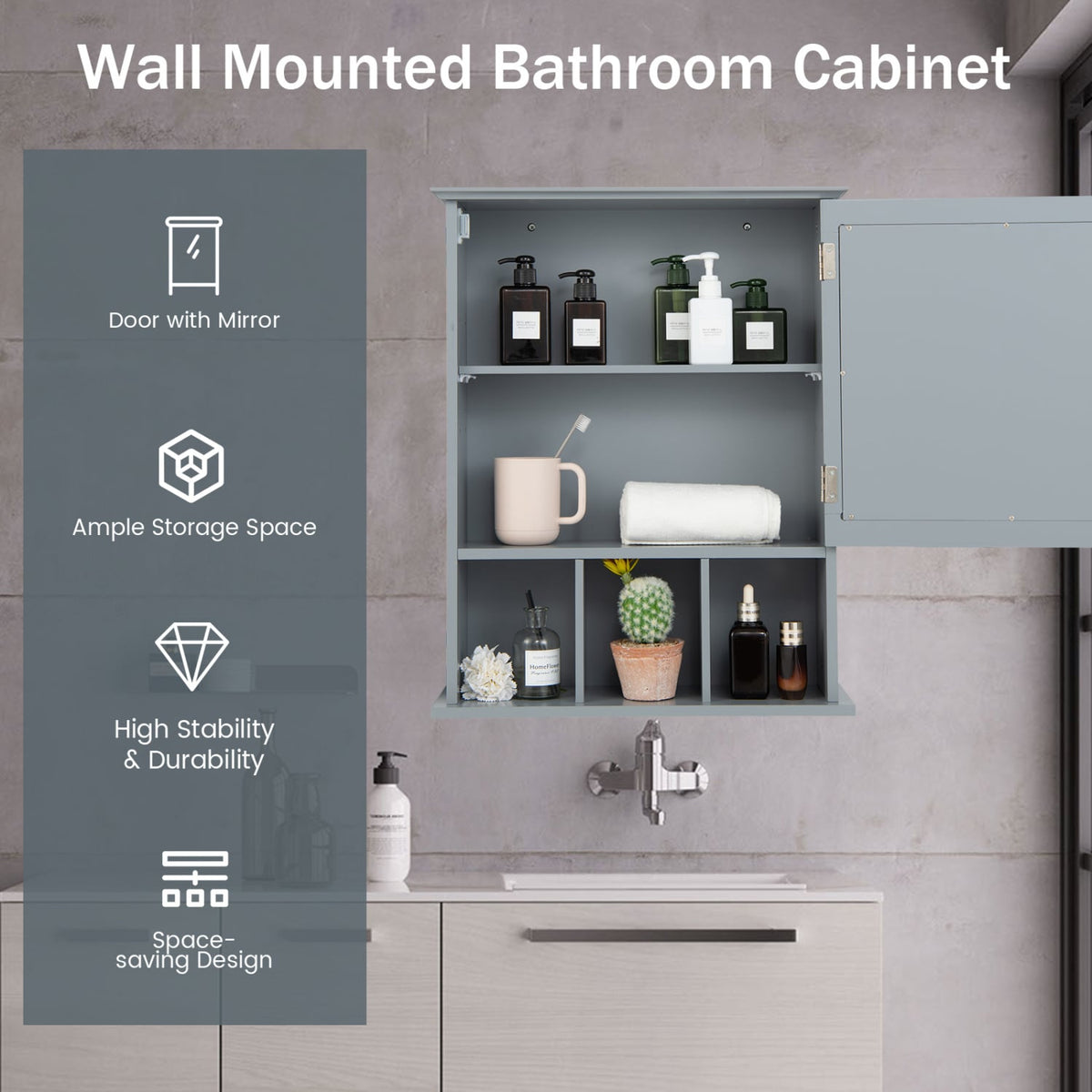 Wall Mounted Mirrored Bathroom Cabinet - Gray MDF 19" x 23.5"-Wall Cabinets-DECOROLALA