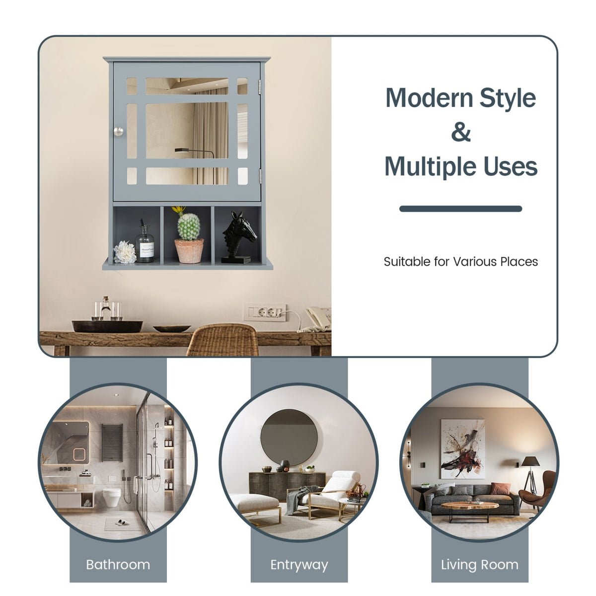 Wall Mounted Mirrored Bathroom Cabinet - Gray MDF 19" x 23.5"-Wall Cabinets-DECOROLALA