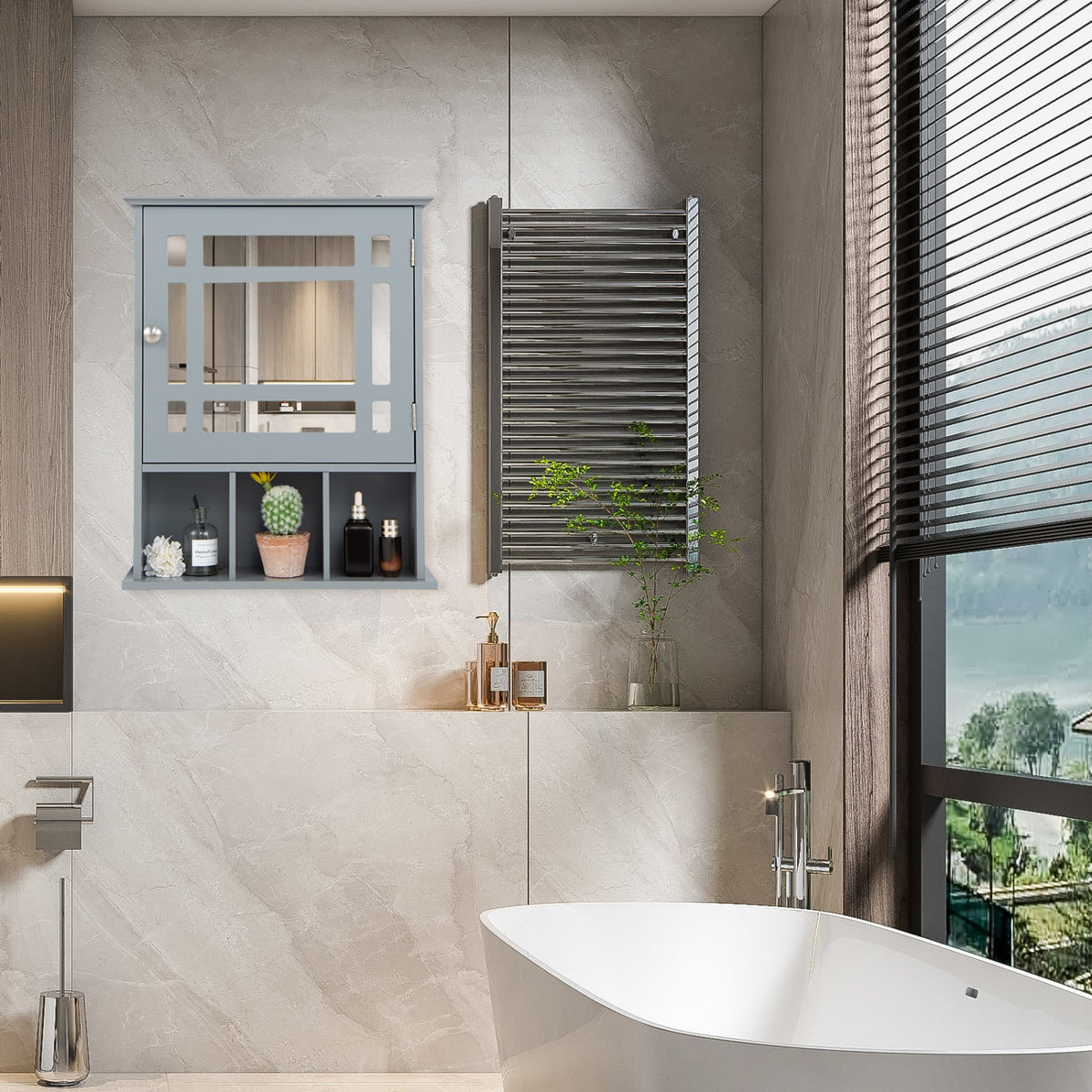 Wall Mounted Mirrored Bathroom Cabinet - Gray MDF 19" x 23.5"-Wall Cabinets-DECOROLALA