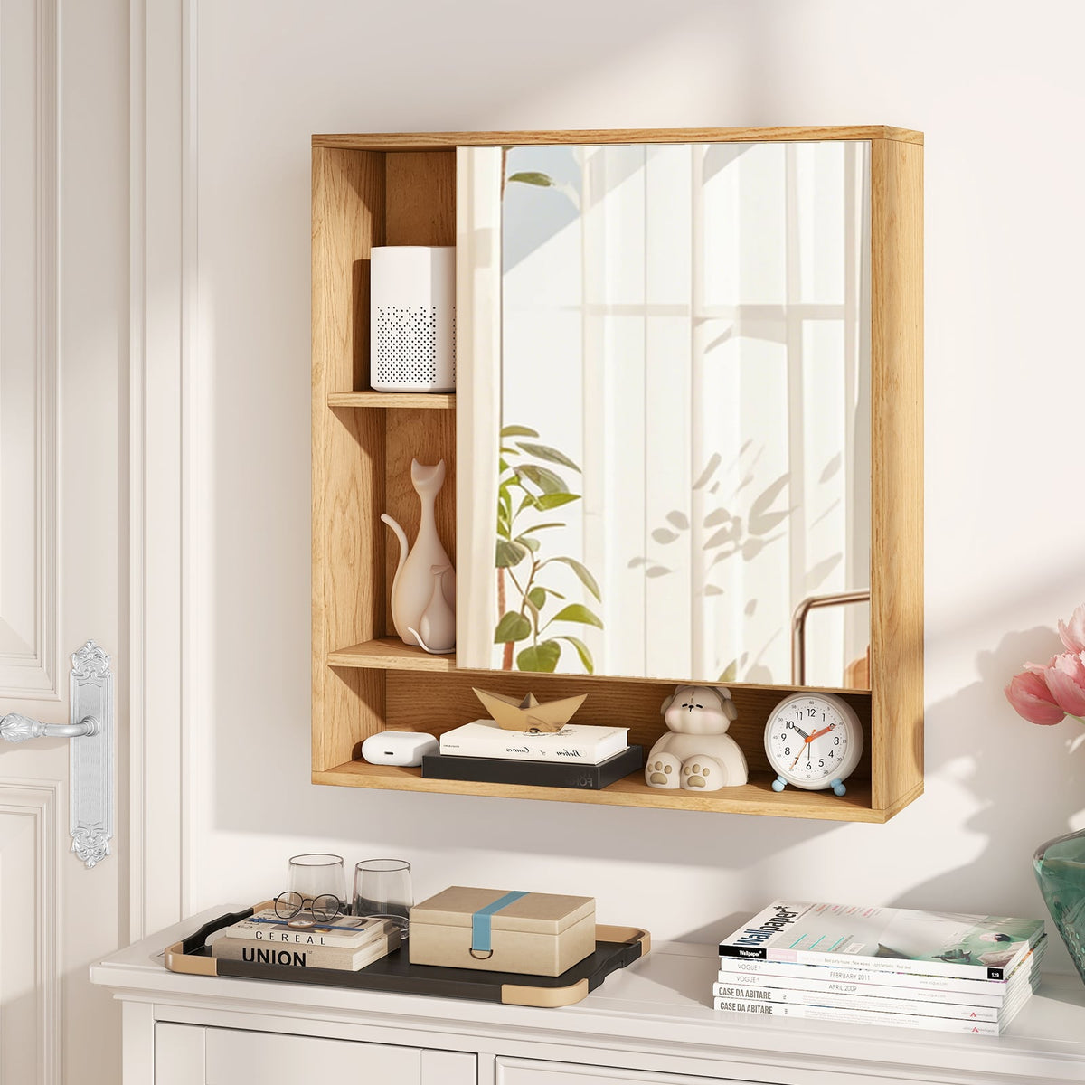 Wall Mounted Mirrored Bathroom Cabinet - Natural 21.5" x 24"-Wall Cabinets-DECOROLALA