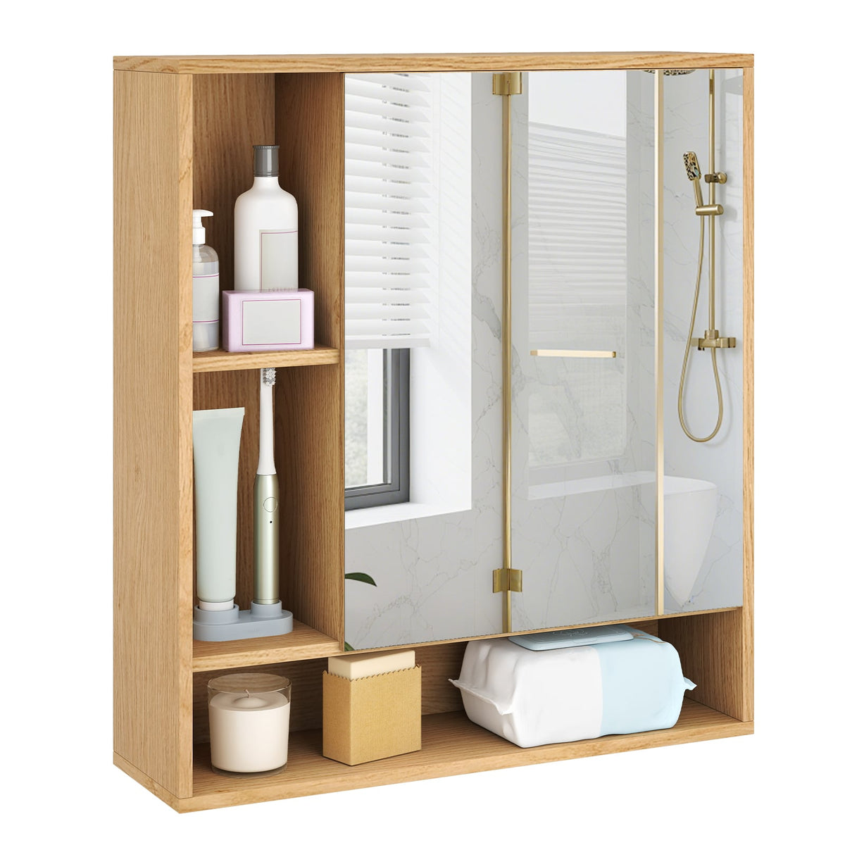 Wall Mounted Mirrored Bathroom Cabinet - Natural 21.5" x 24"-Wall Cabinets-DECOROLALA