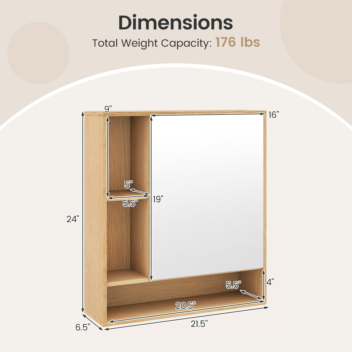 Wall Mounted Mirrored Bathroom Cabinet - Natural 21.5" x 24"-Wall Cabinets-DECOROLALA