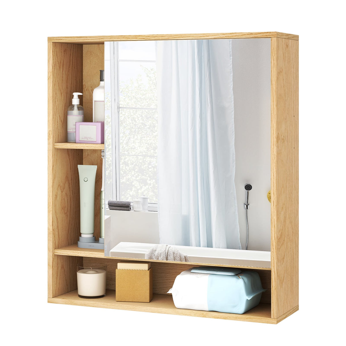 Wall Mounted Mirrored Bathroom Cabinet - Natural 21.5" x 24"-Wall Cabinets-DECOROLALA