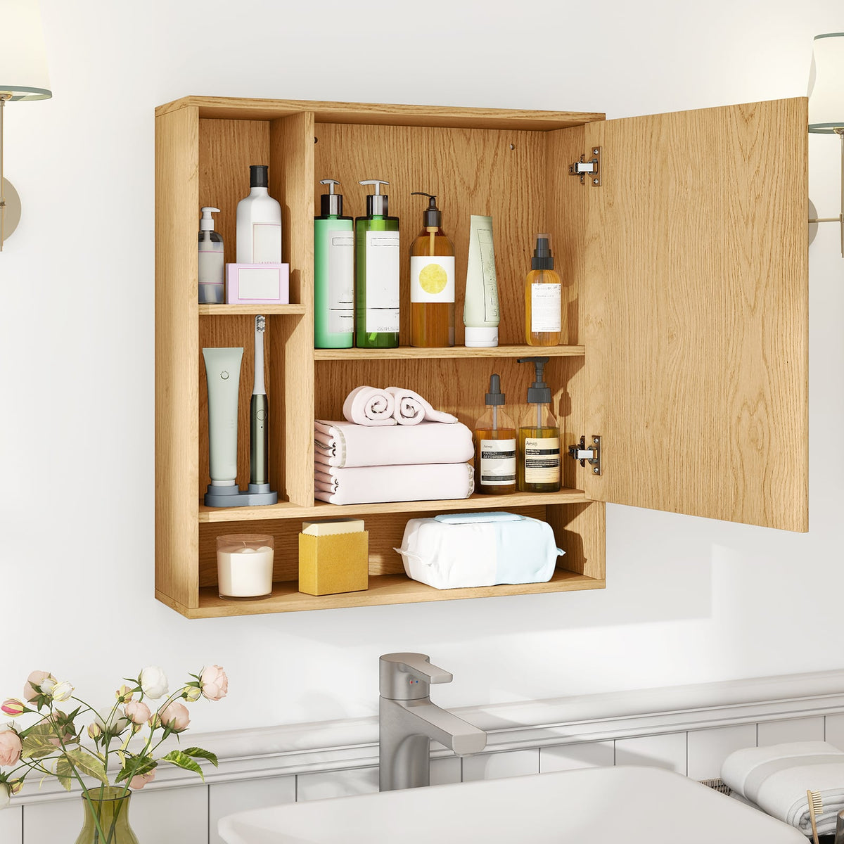 Wall Mounted Mirrored Bathroom Cabinet - Natural 21.5" x 24"-Wall Cabinets-DECOROLALA