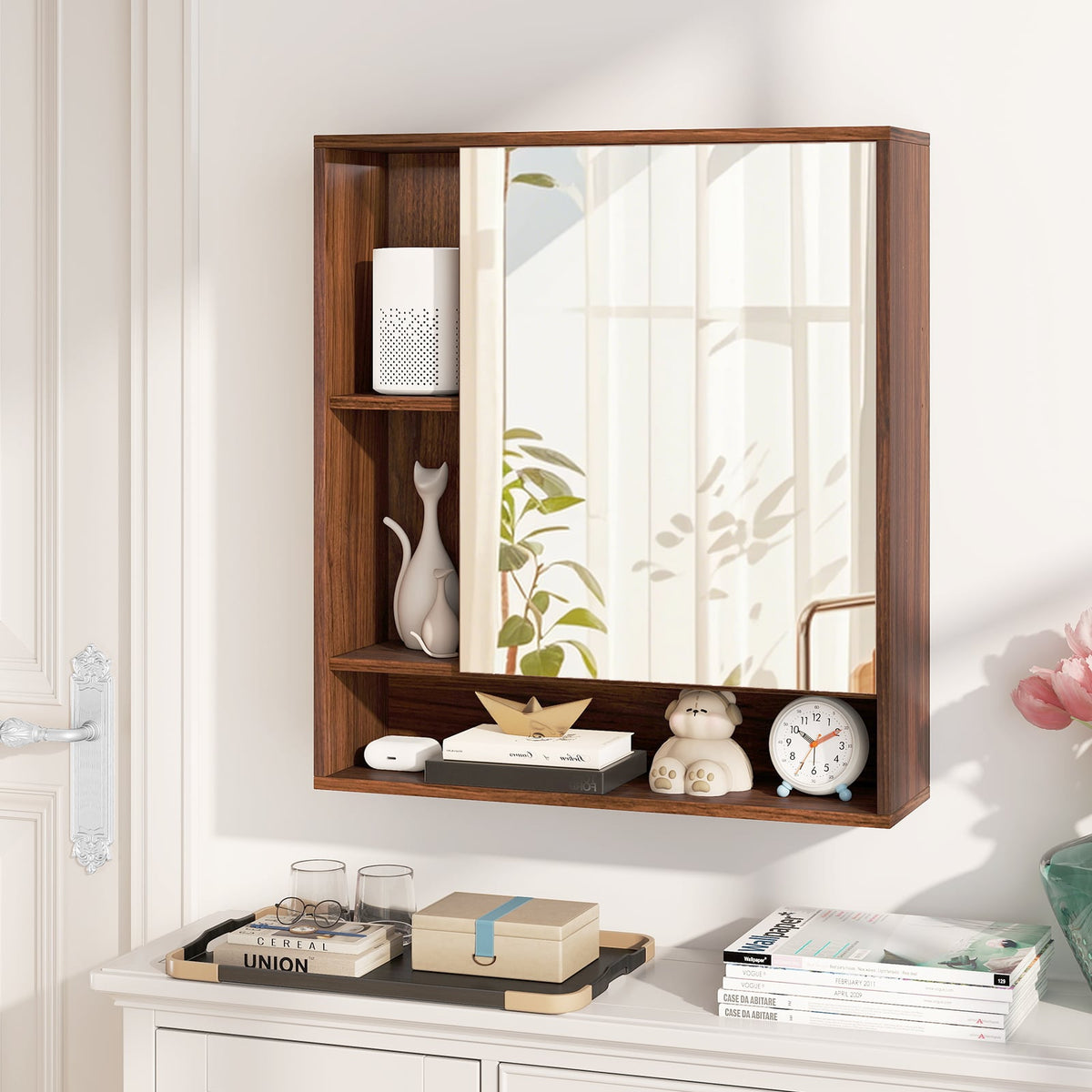 Wall Mounted Mirrored Bathroom Cabinet - Walnut 21.5" x 24"-Wall Cabinets-DECOROLALA