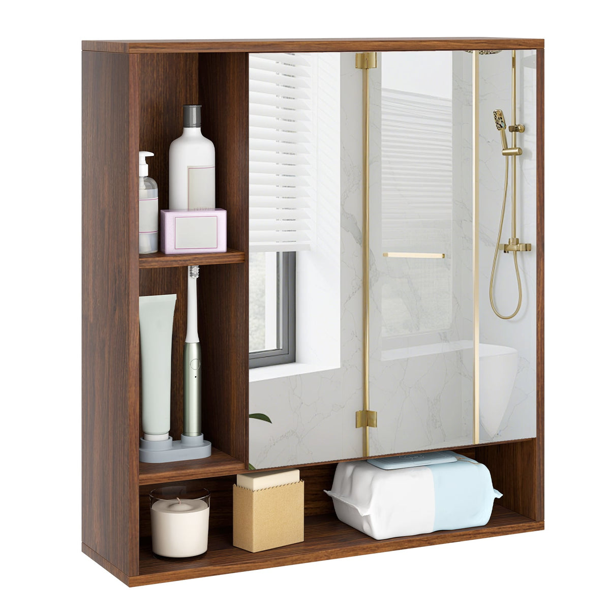 Wall Mounted Mirrored Bathroom Cabinet - Walnut 21.5" x 24"-Wall Cabinets-DECOROLALA