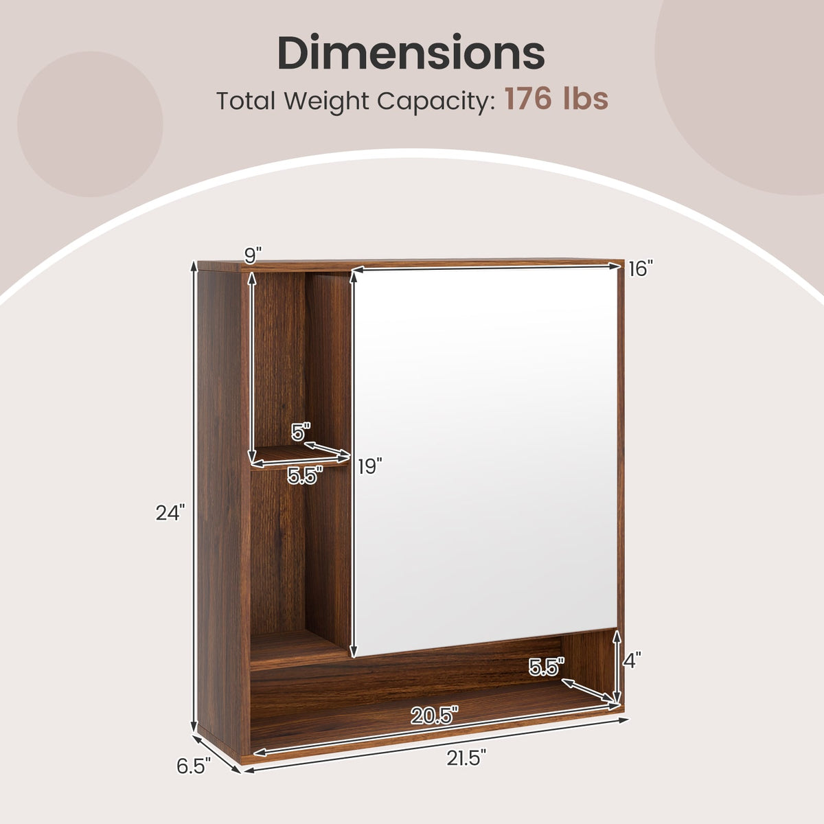 Wall Mounted Mirrored Bathroom Cabinet - Walnut 21.5" x 24"-Wall Cabinets-DECOROLALA