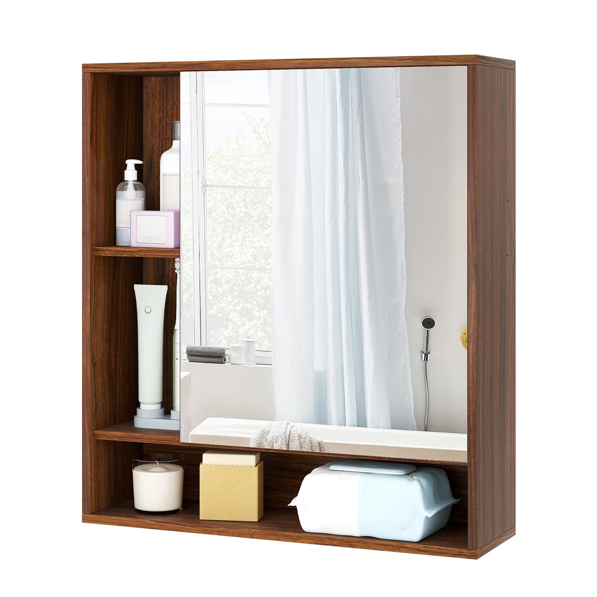 Wall Mounted Mirrored Bathroom Cabinet - Walnut 21.5" x 24"-Wall Cabinets-DECOROLALA
