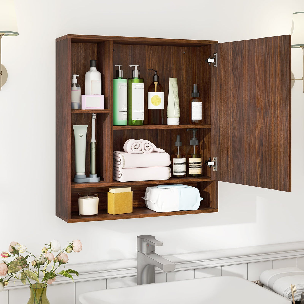 Wall Mounted Mirrored Bathroom Cabinet - Walnut 21.5" x 24"-Wall Cabinets-DECOROLALA