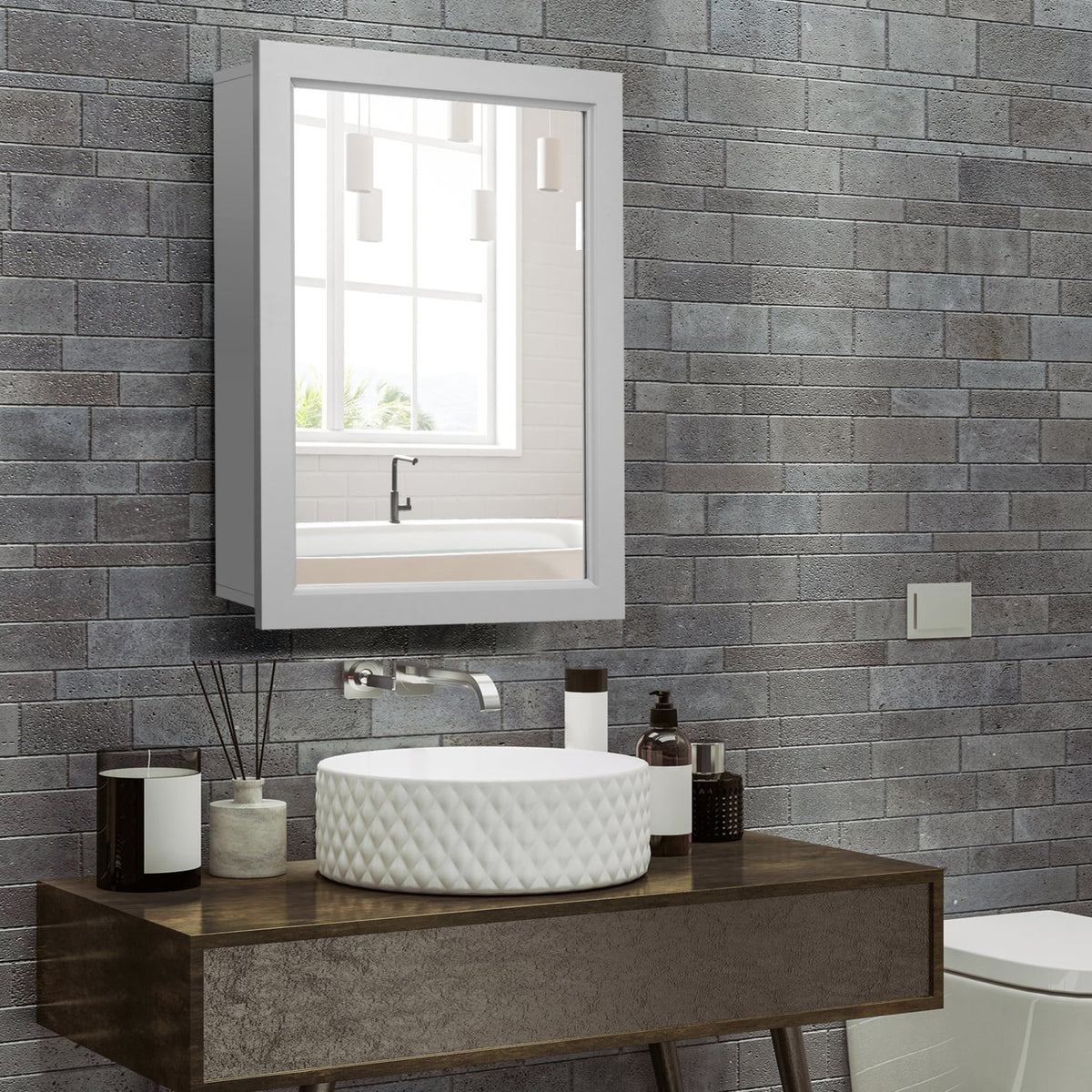 Wall-Mounted Mirrored Medicine Cabinet-Gray-Wall Cabinets-DECOROLALA