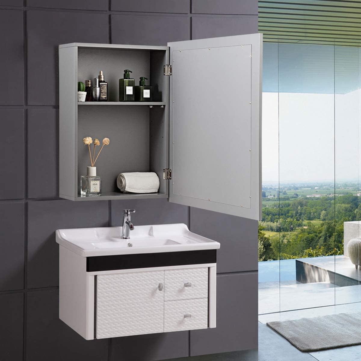 Wall-Mounted Mirrored Medicine Cabinet-Gray-Wall Cabinets-DECOROLALA