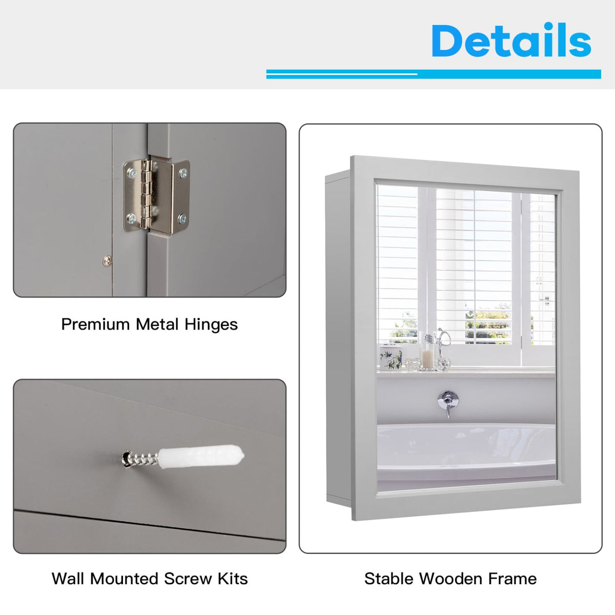 Wall-Mounted Mirrored Medicine Cabinet-Gray-Wall Cabinets-DECOROLALA