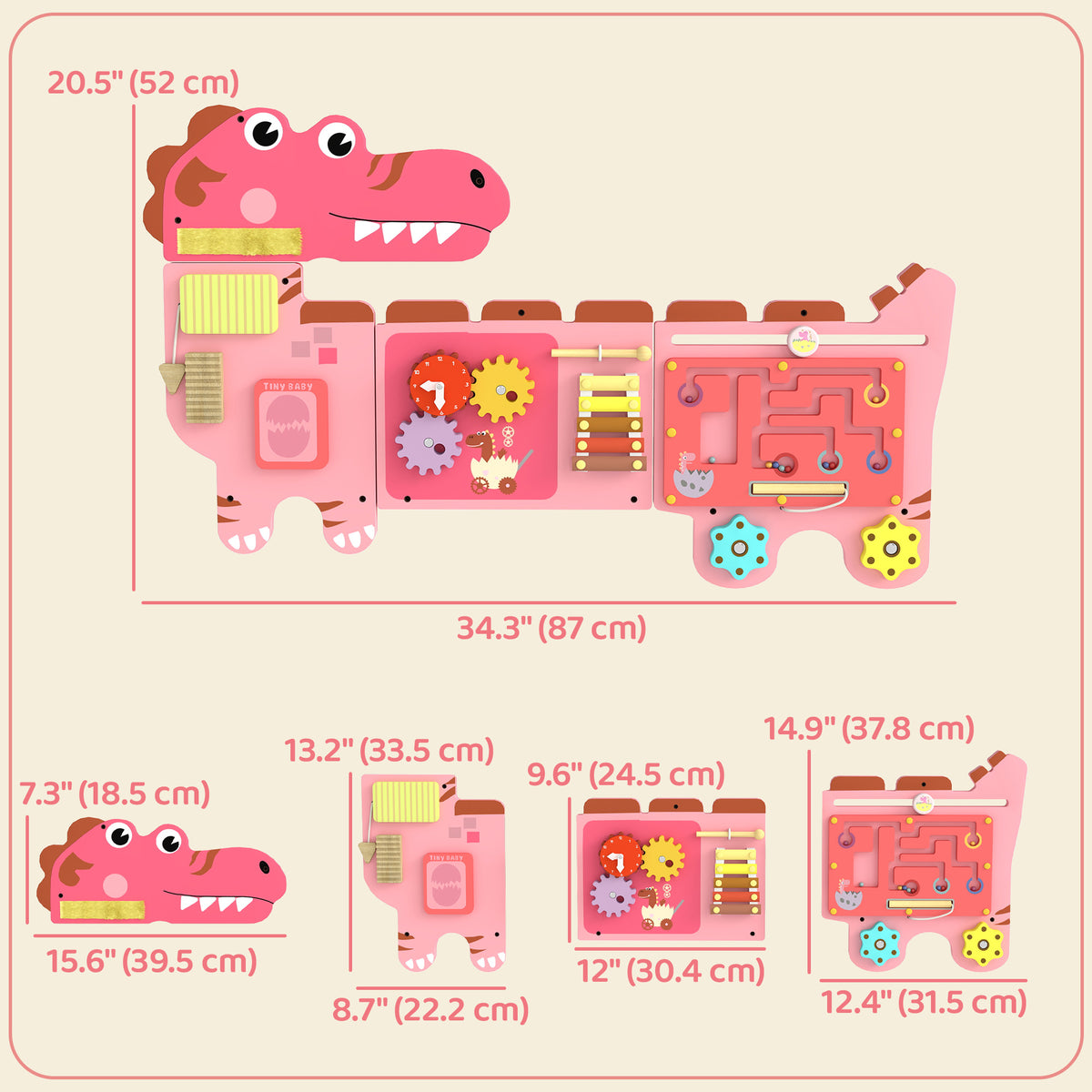 Busy Board Panels wall mounted Montessori Sensory Toys dinosaur center 87 x 52 x 5.5 cm Pink-Toys & Games > Baby & Toddler Toys > Toy Playsets-DECOROLALA