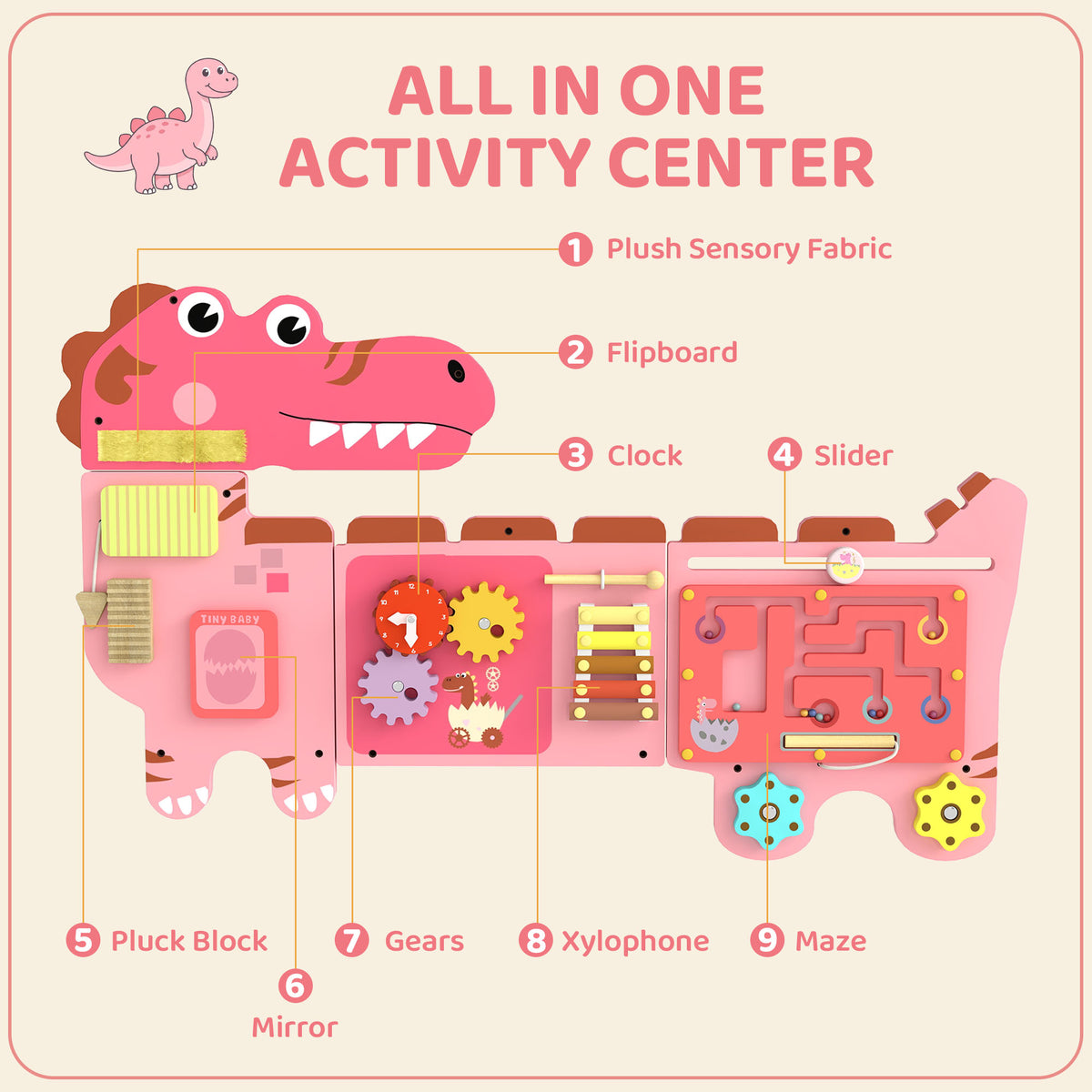 Busy Board Panels wall mounted Montessori Sensory Toys dinosaur center 87 x 52 x 5.5 cm Pink-Toys & Games > Baby & Toddler Toys > Toy Playsets-DECOROLALA