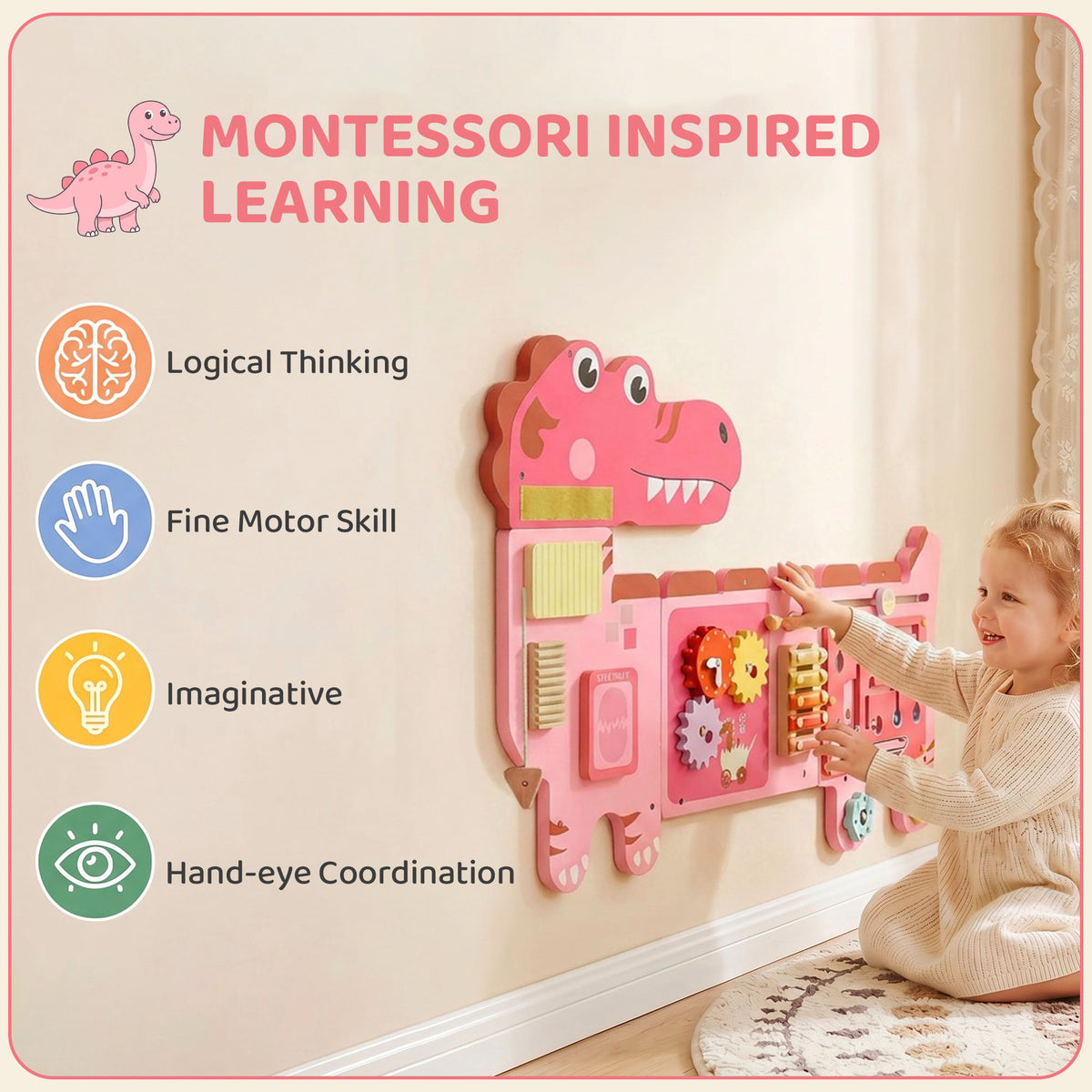 Busy Board Panels wall mounted Montessori Sensory Toys dinosaur center 87 x 52 x 5.5 cm Pink-Toys & Games > Baby & Toddler Toys > Toy Playsets-DECOROLALA