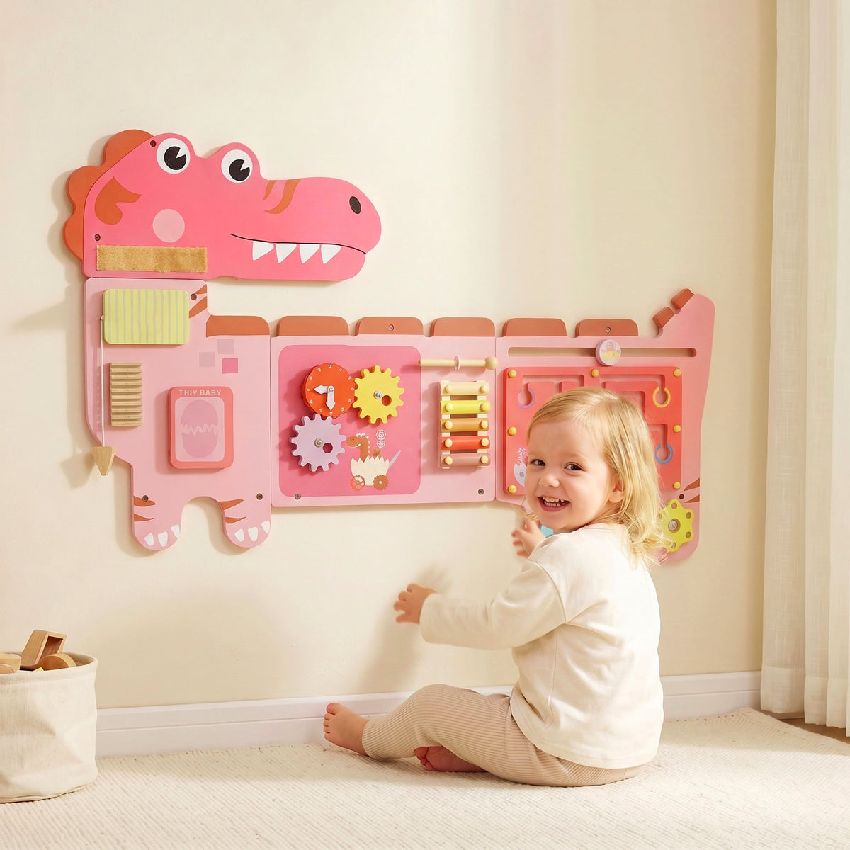 Busy Board Panels wall mounted Montessori Sensory Toys dinosaur center 87 x 52 x 5.5 cm Pink-Toys & Games > Baby & Toddler Toys > Toy Playsets-DECOROLALA