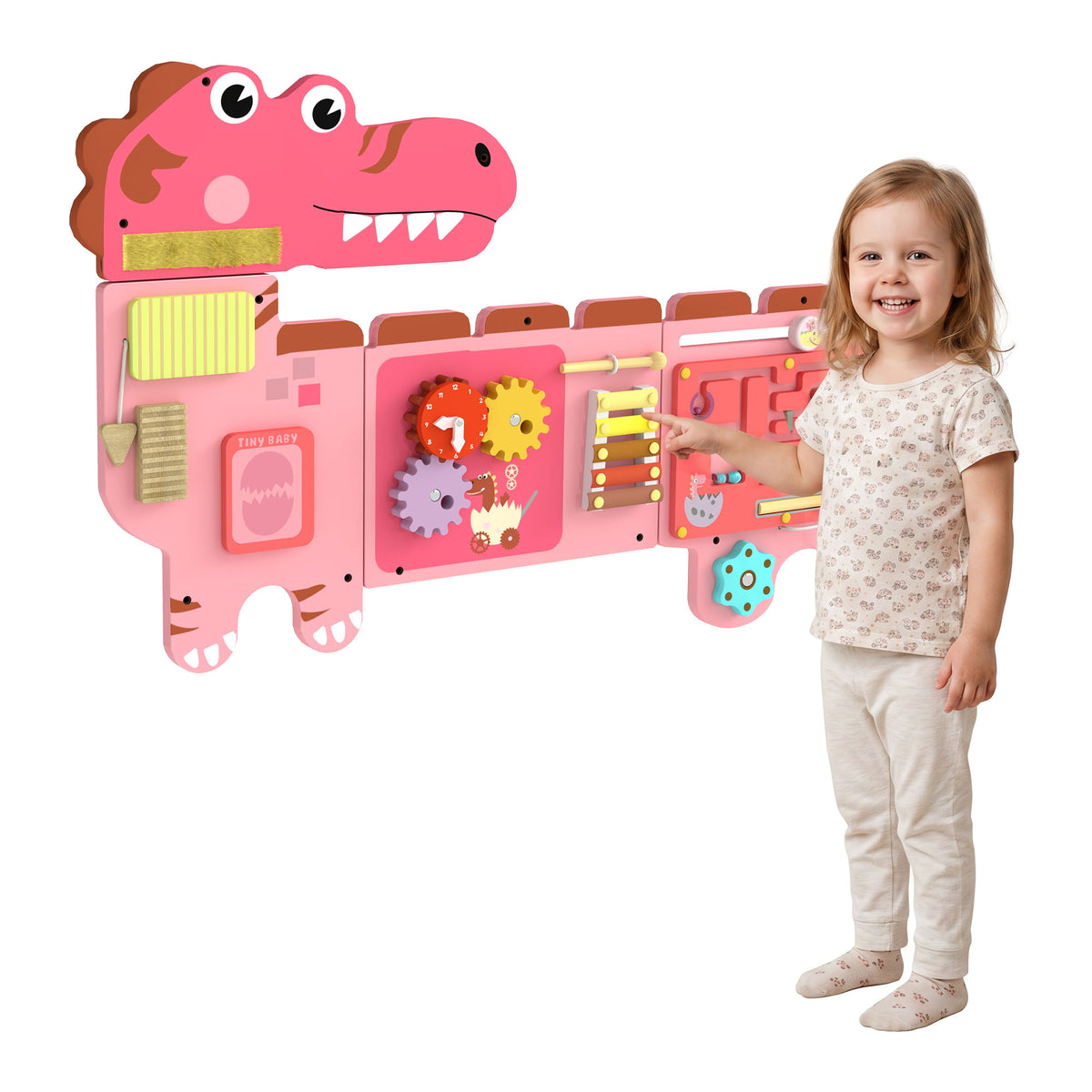 Busy Board Panels wall mounted Montessori Sensory Toys dinosaur center 87 x 52 x 5.5 cm Pink-Toys & Games > Baby & Toddler Toys > Toy Playsets-DECOROLALA
