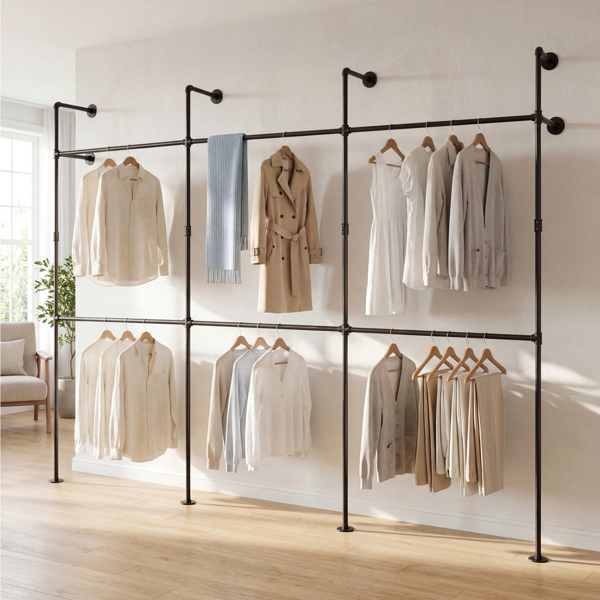 Wall Mounted Pipe Clothing Rack with 6 Hanging Rods-Black-Clothing & Closet Storage-DECOROLALA
