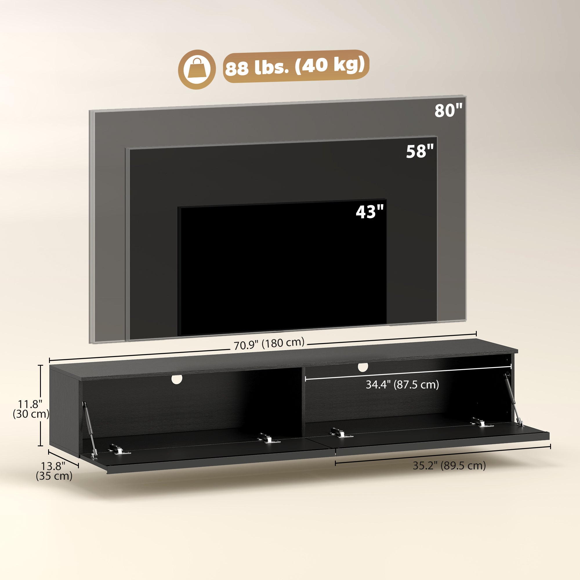 Wall Mounted TV Stand, Black, Up to 70", High Gloss Storage Cabinet-DECOROLALA