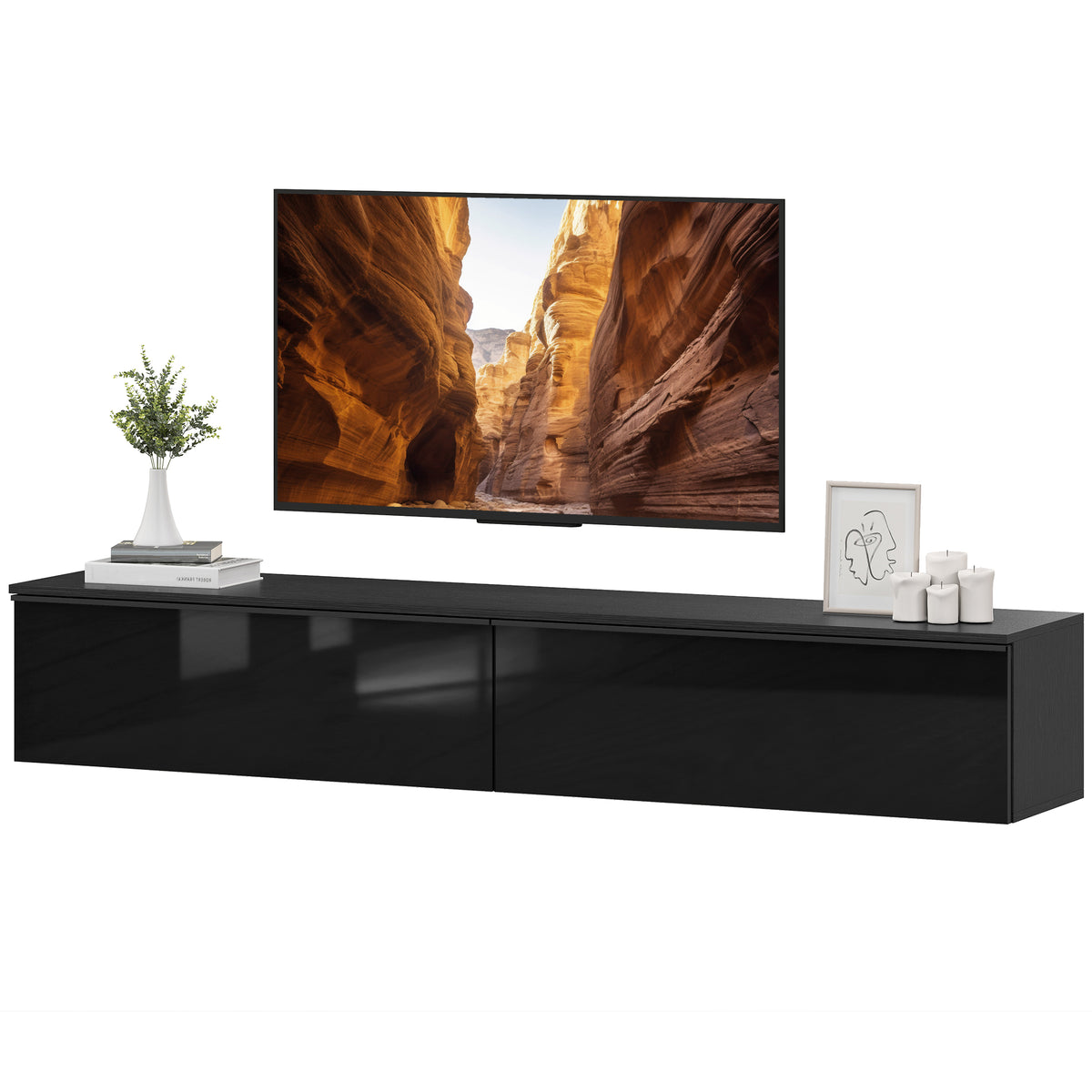Wall Mounted TV Stand, Black, Up to 70", High Gloss Storage Cabinet-DECOROLALA