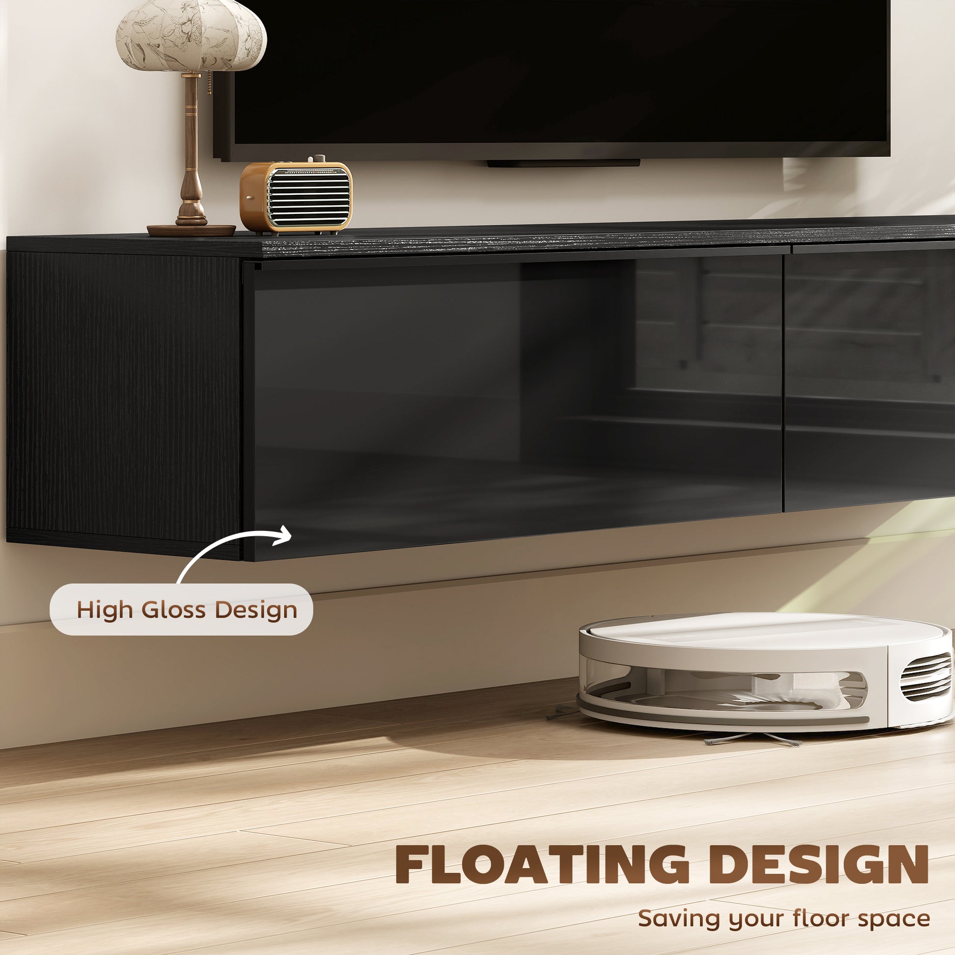 Wall Mounted TV Stand, Black, Up to 70", High Gloss Storage Cabinet-DECOROLALA