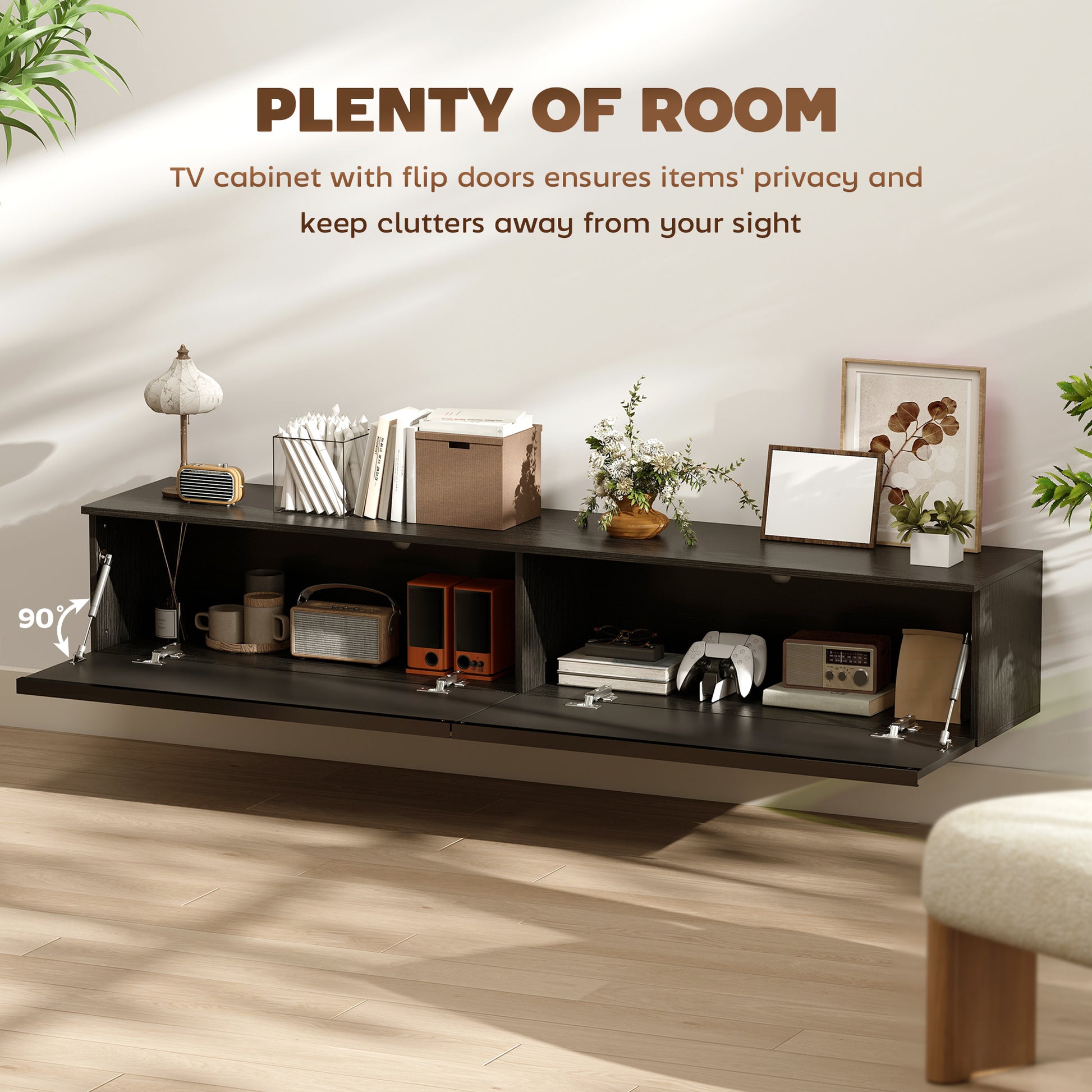 Wall Mounted TV Stand, Black, Up to 70", High Gloss Storage Cabinet-DECOROLALA