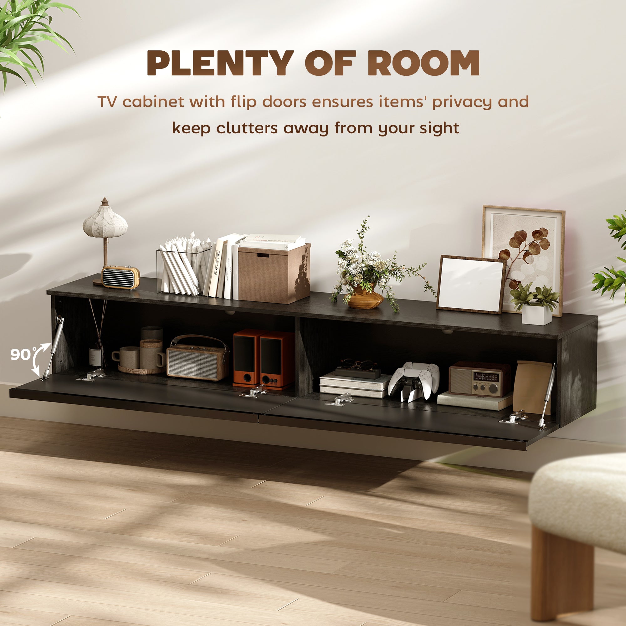 Wall Mounted TV Stand, Black, Up to 70", High Gloss Storage Cabinet-DECOROLALA